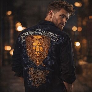 Mens Vintage Y2K Born Sinners Lion‎ Head Embroidered Button Down Shirt Gothic